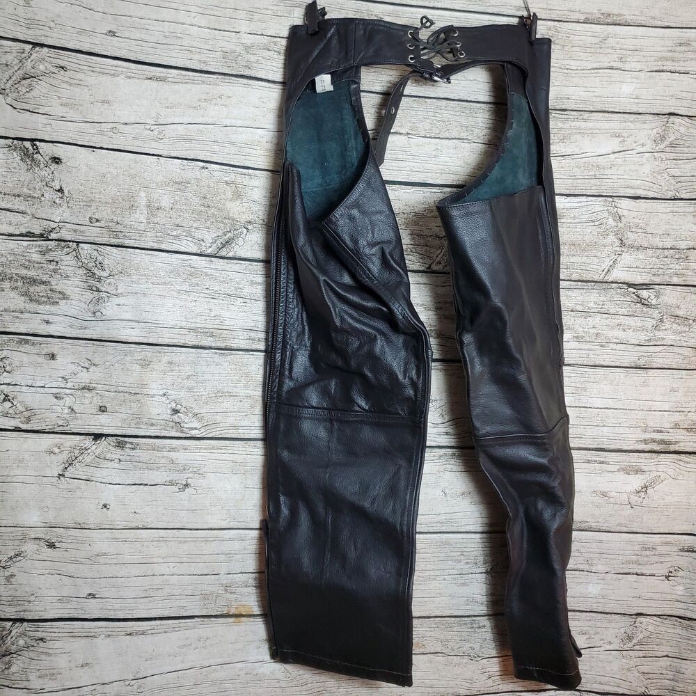 RAIDER Black Chaps  Unisex Bla Leather Motorcycle Biker Size XL